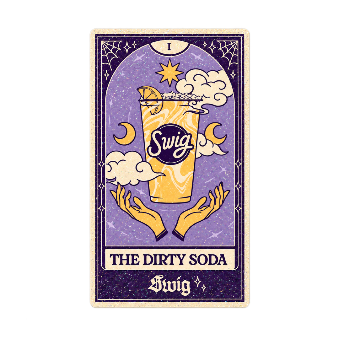 The Dirty Soda tarot card sticker with a fine glitter finish.