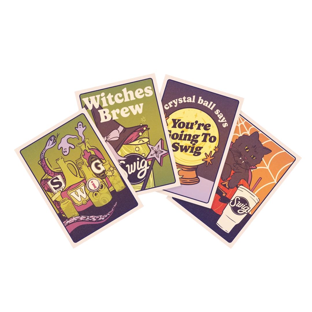 A fan of Halloween Exchange Card artwork featuring potions, a witch, a crystal ball, and a black cat.