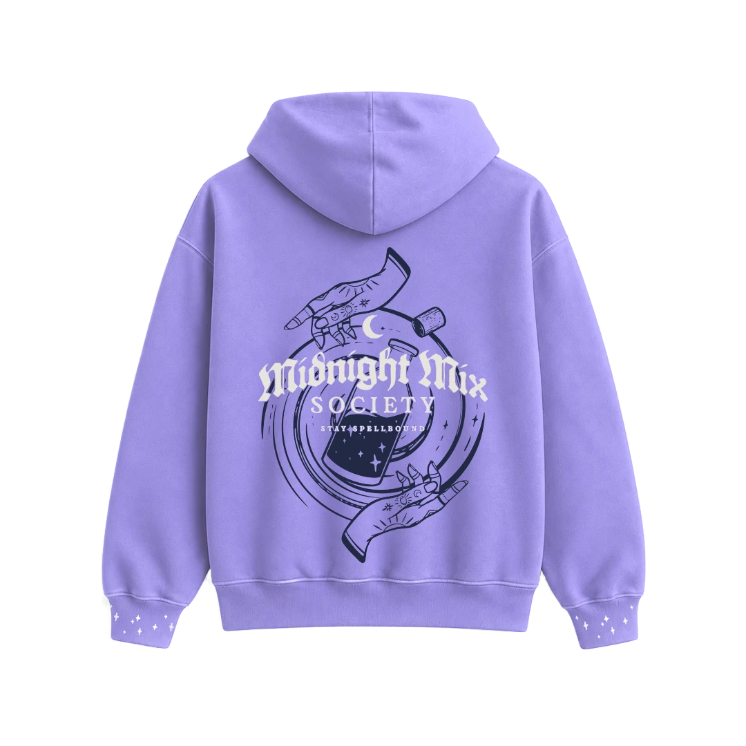 Back of the purple Midnight Mix Society Hoodie, showing its drink illustration and star details on the cuffs.